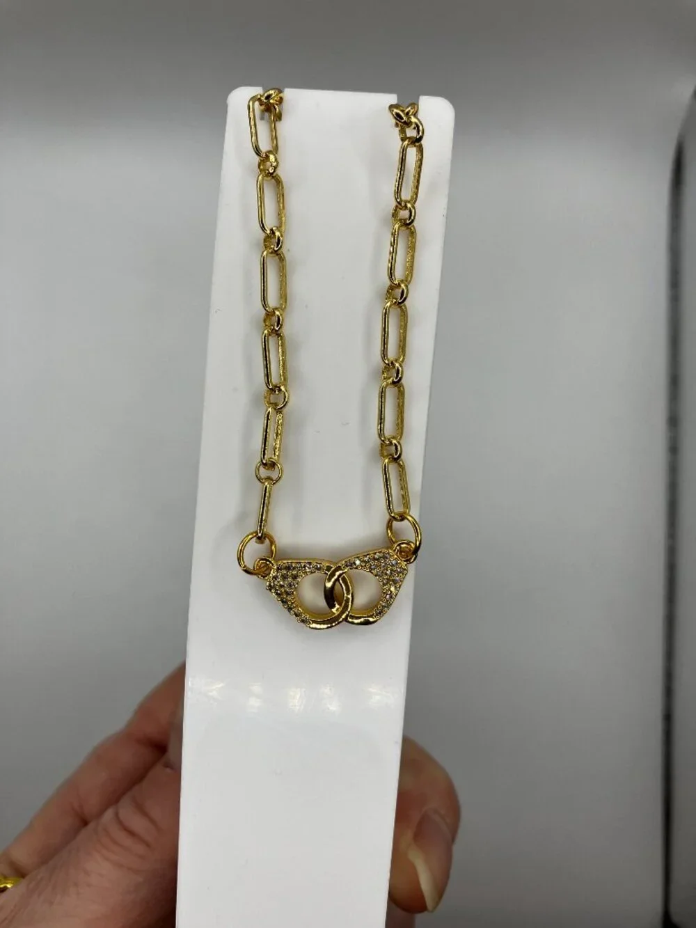 Unique Real 18k Gold over Brass Paperclip Chain + Hand cuffs Pendant 18-in NEW